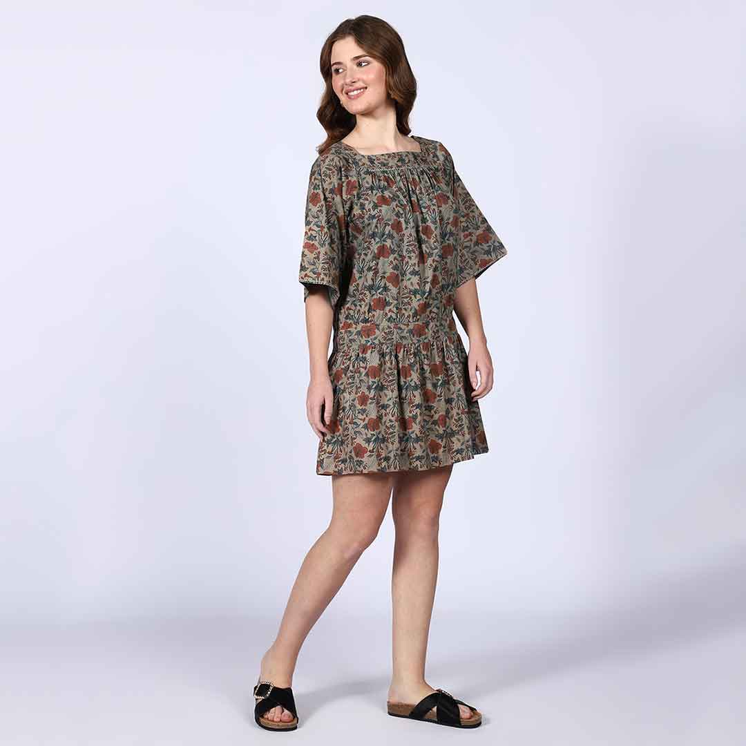 Saint Womens Olive Printed Cotton Poplin Short Dress - Image 2