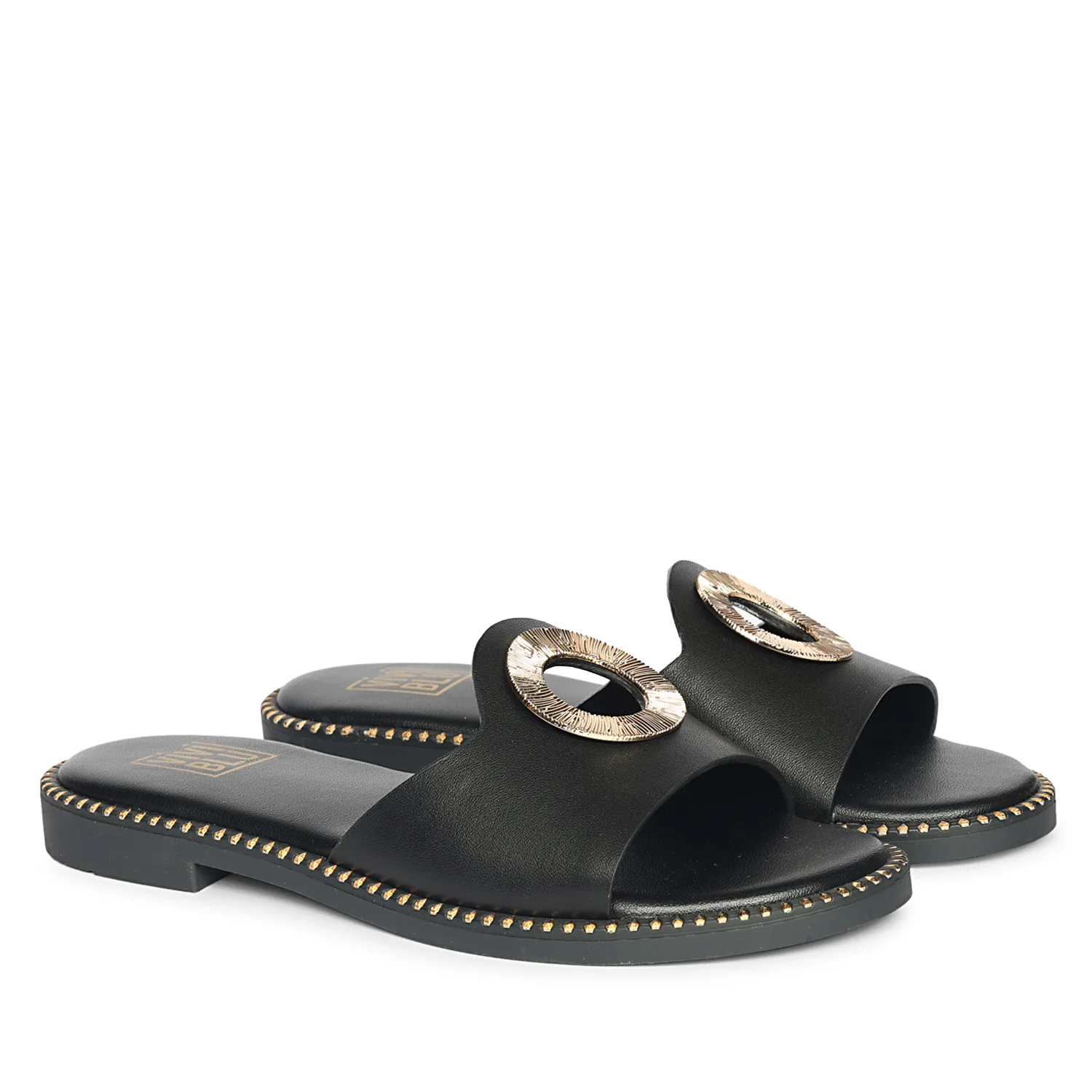 Freja Black Leather Flat Sandals - Image 2