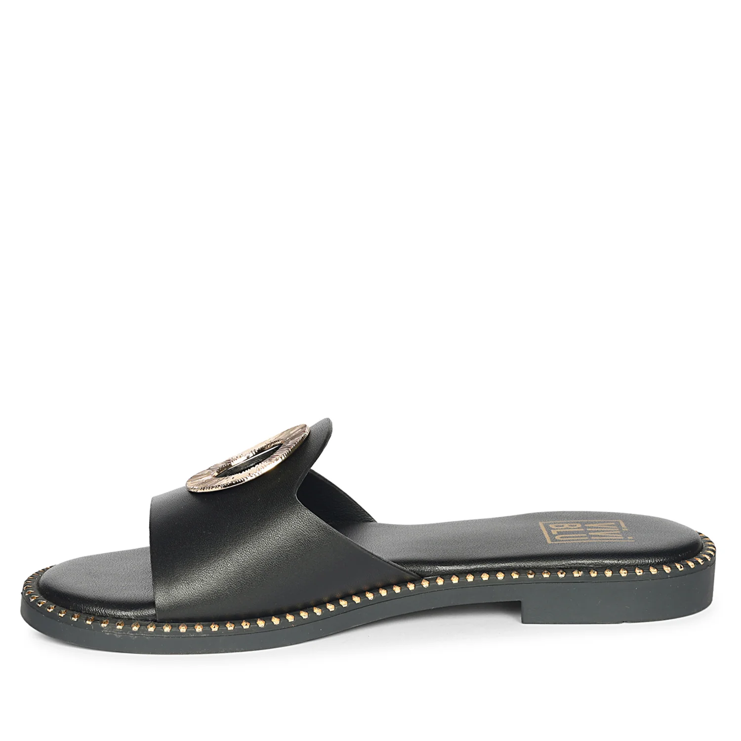 Freja Black Leather Flat Sandals - Image 3
