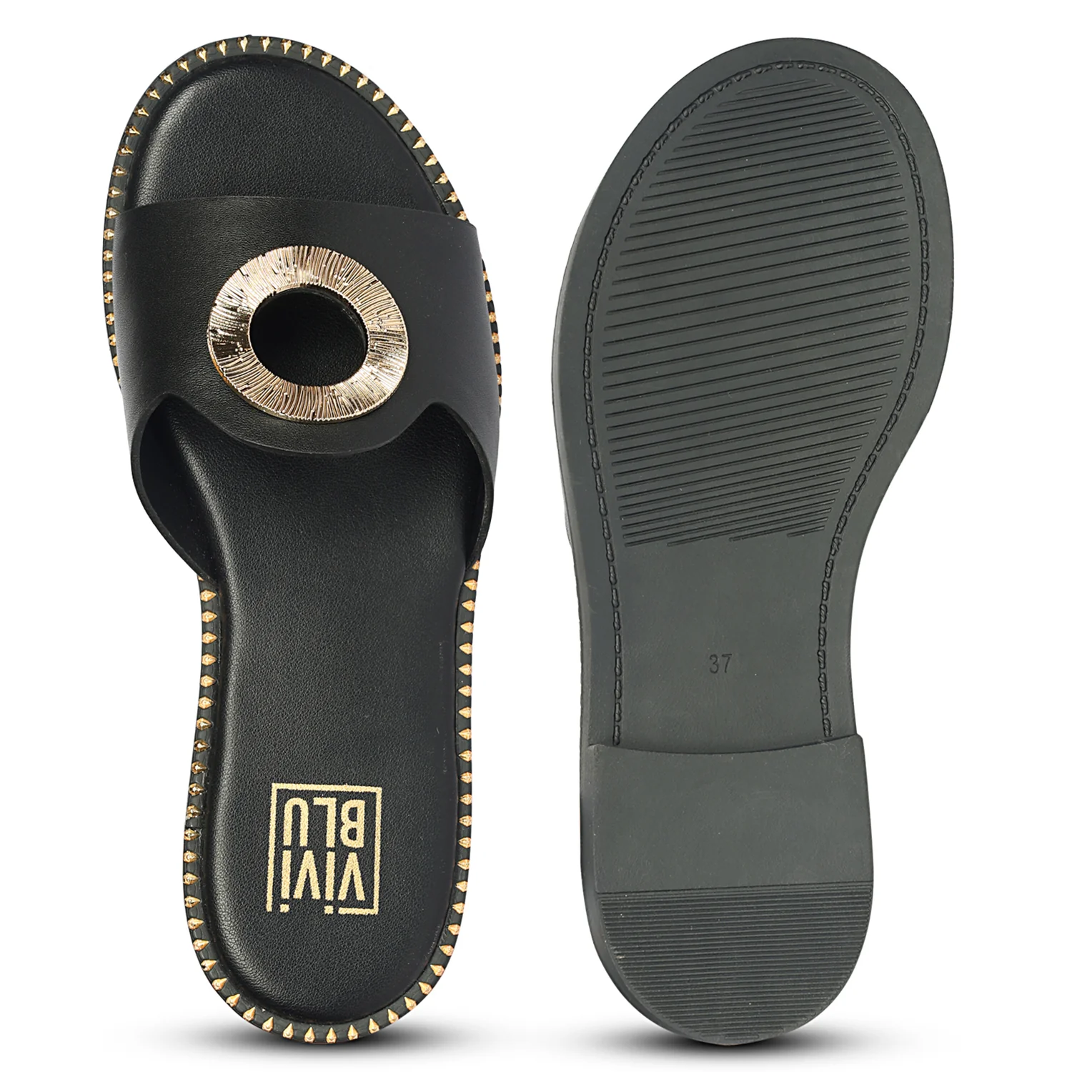 Freja Black Leather Flat Sandals - Image 6