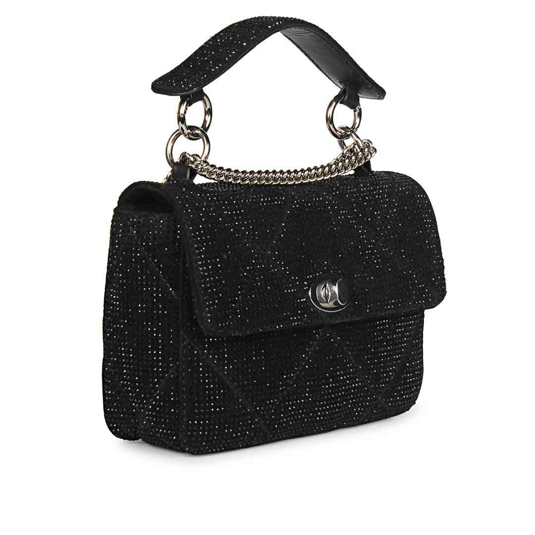 Alayna Black Leather Crystal Shoulder Bags With Detachable Handel - Image 2