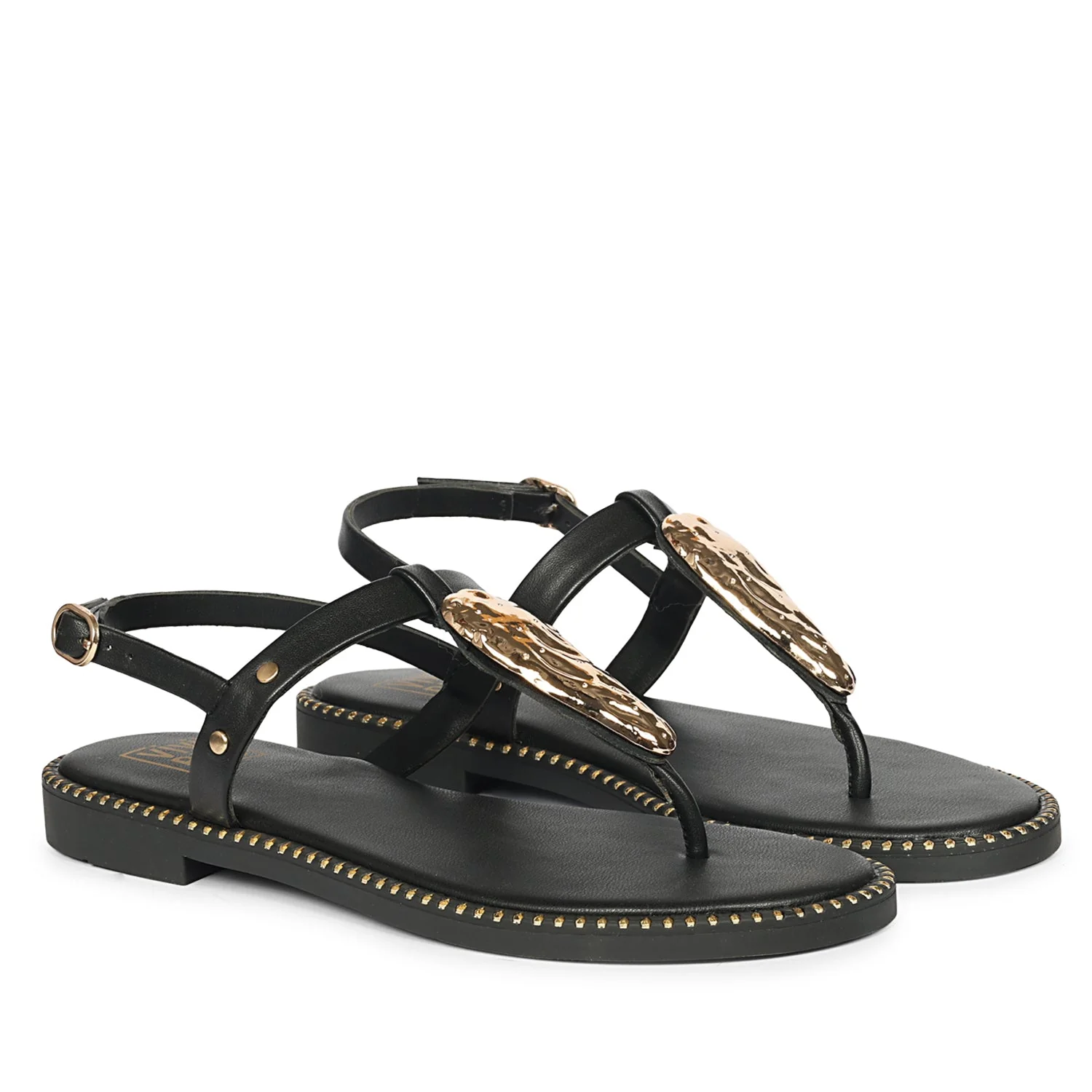 Alma Black Leather Flat Sandals - Image 2