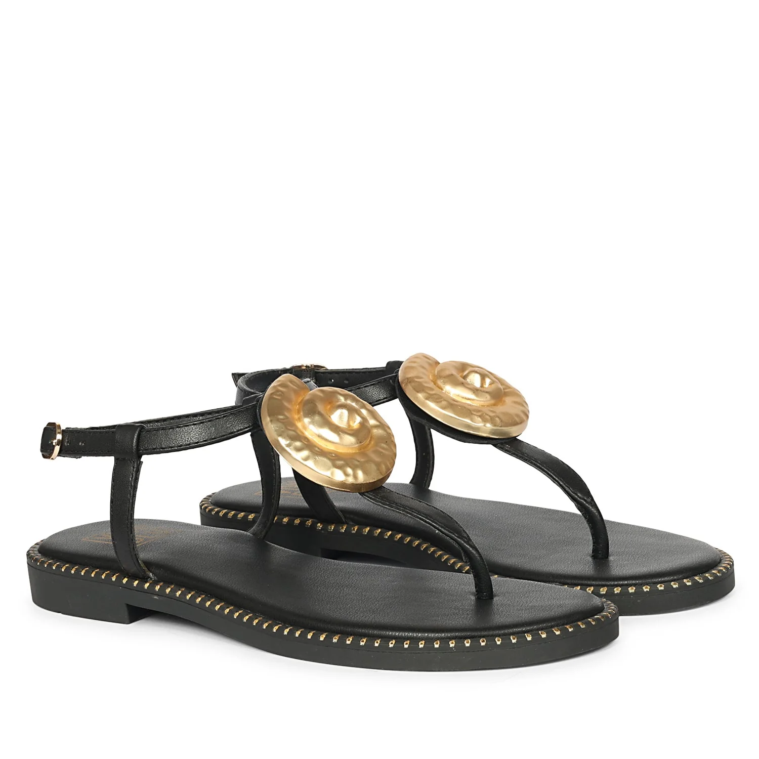 Amalia Black Leather Flat Sandals - Image 2