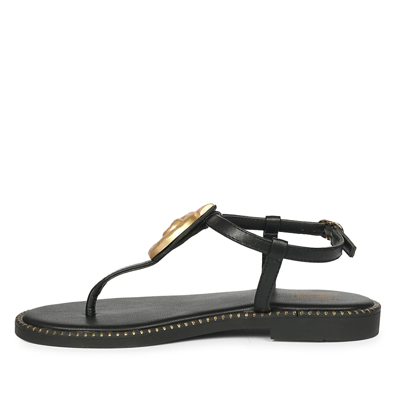 Amalia Black Leather Flat Sandals - Image 3