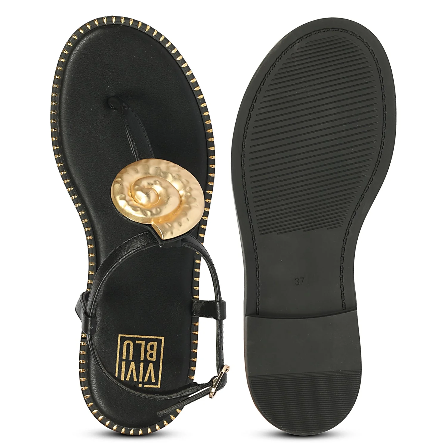 Amalia Black Leather Flat Sandals - Image 6