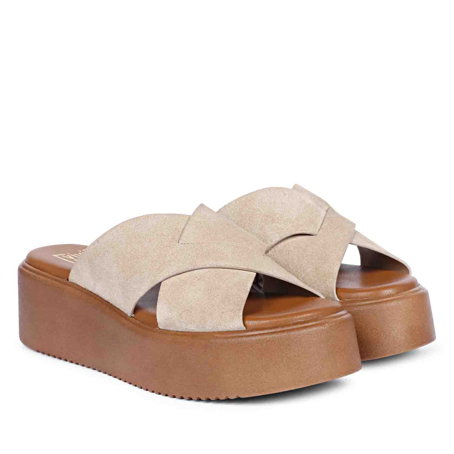 Anya Criss Cross Tan Leather Platform Sandals - Image 4