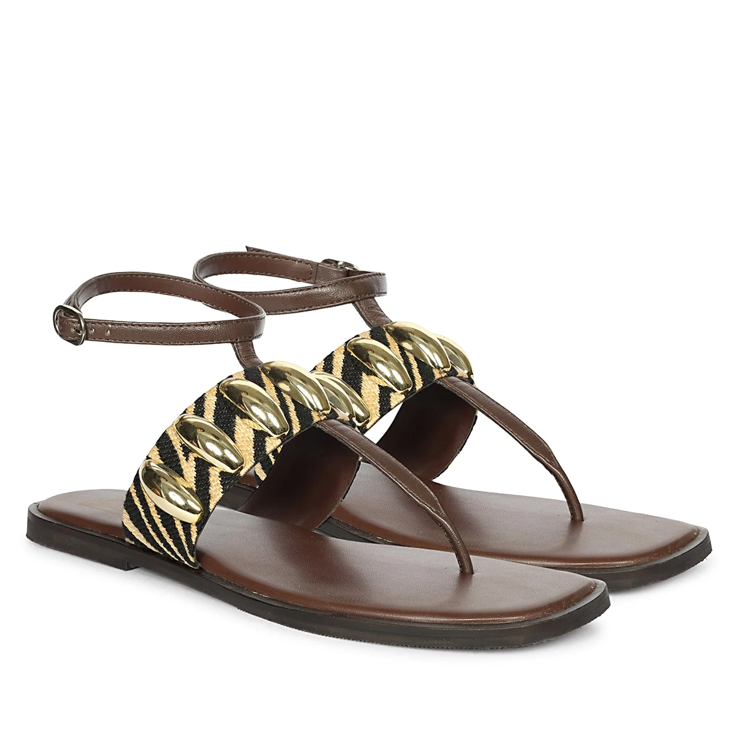 Arlette Black Beige Leather Flat Sandals - Image 2