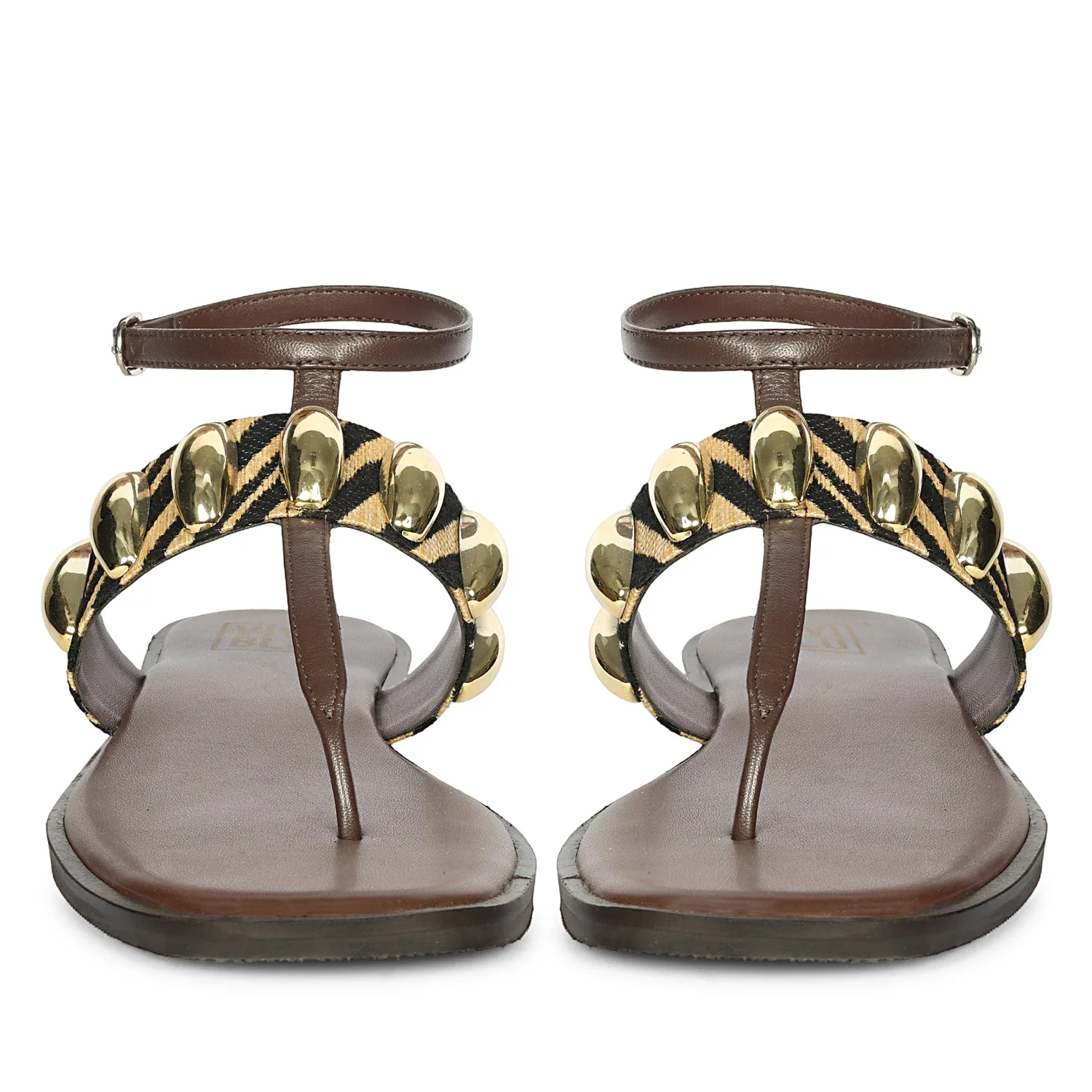 Arlette Black Beige Leather Flat Sandals - Image 4