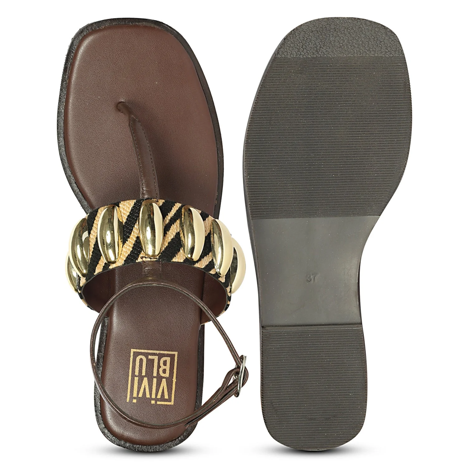Arlette Black Beige Leather Flat Sandals - Image 6