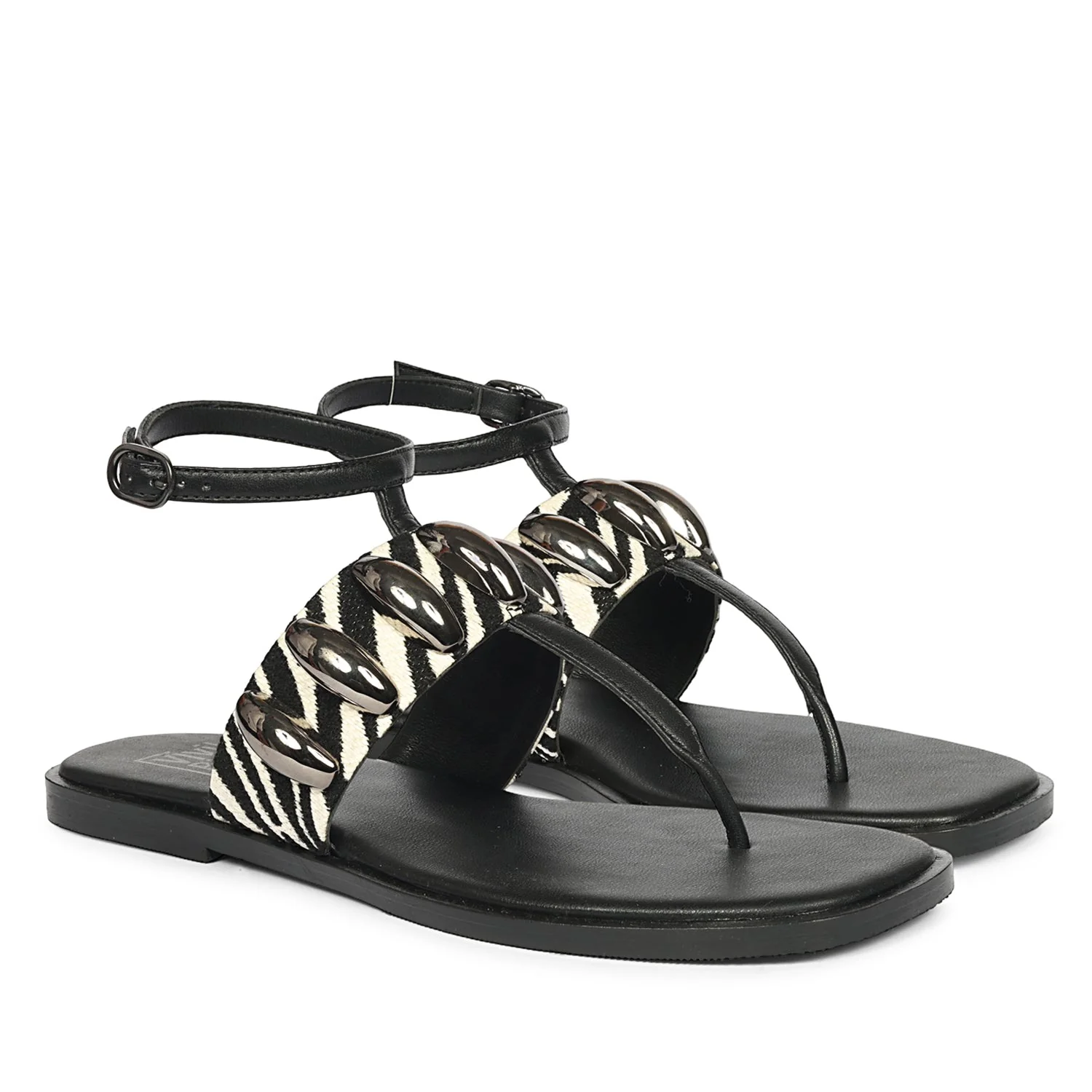 Arlette Black White Leather Flat Sandals - Image 2