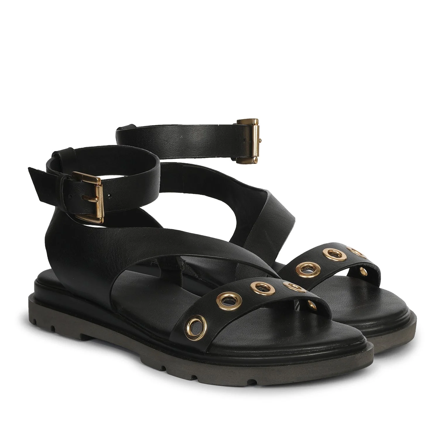 Brinley Black Leather Flat Sandals - Image 2