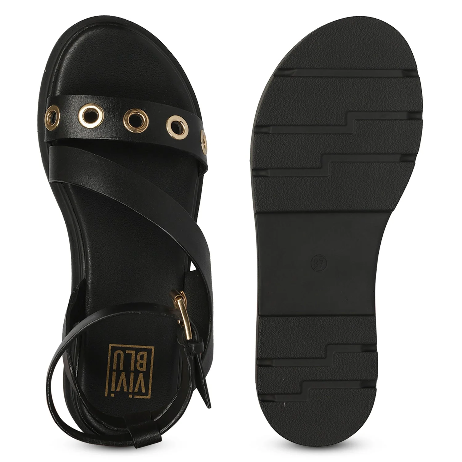 Brinley Black Leather Flat Sandals - Image 6