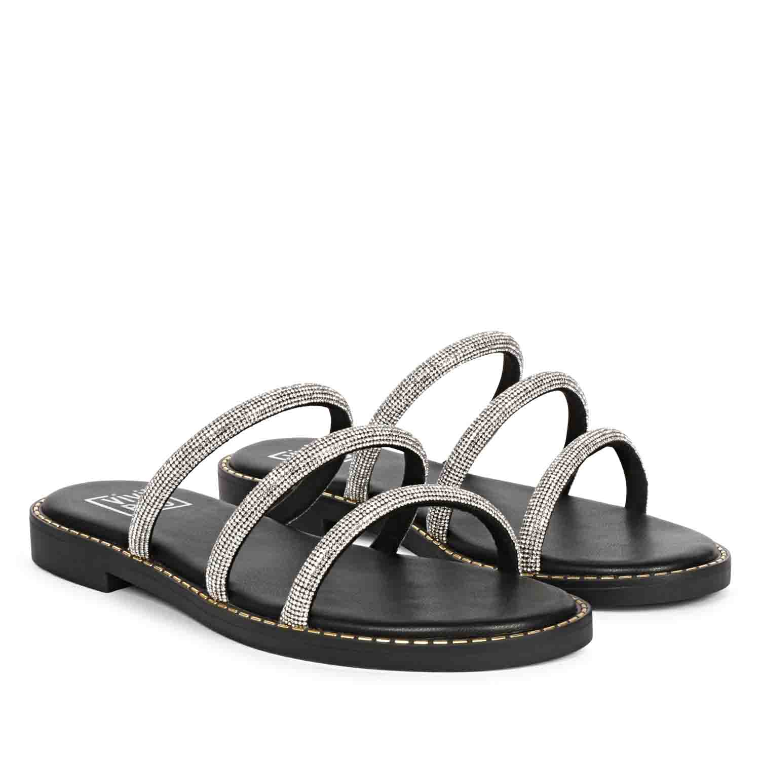 Cloe Crystal Cord Black Flat Sandals - Image 3