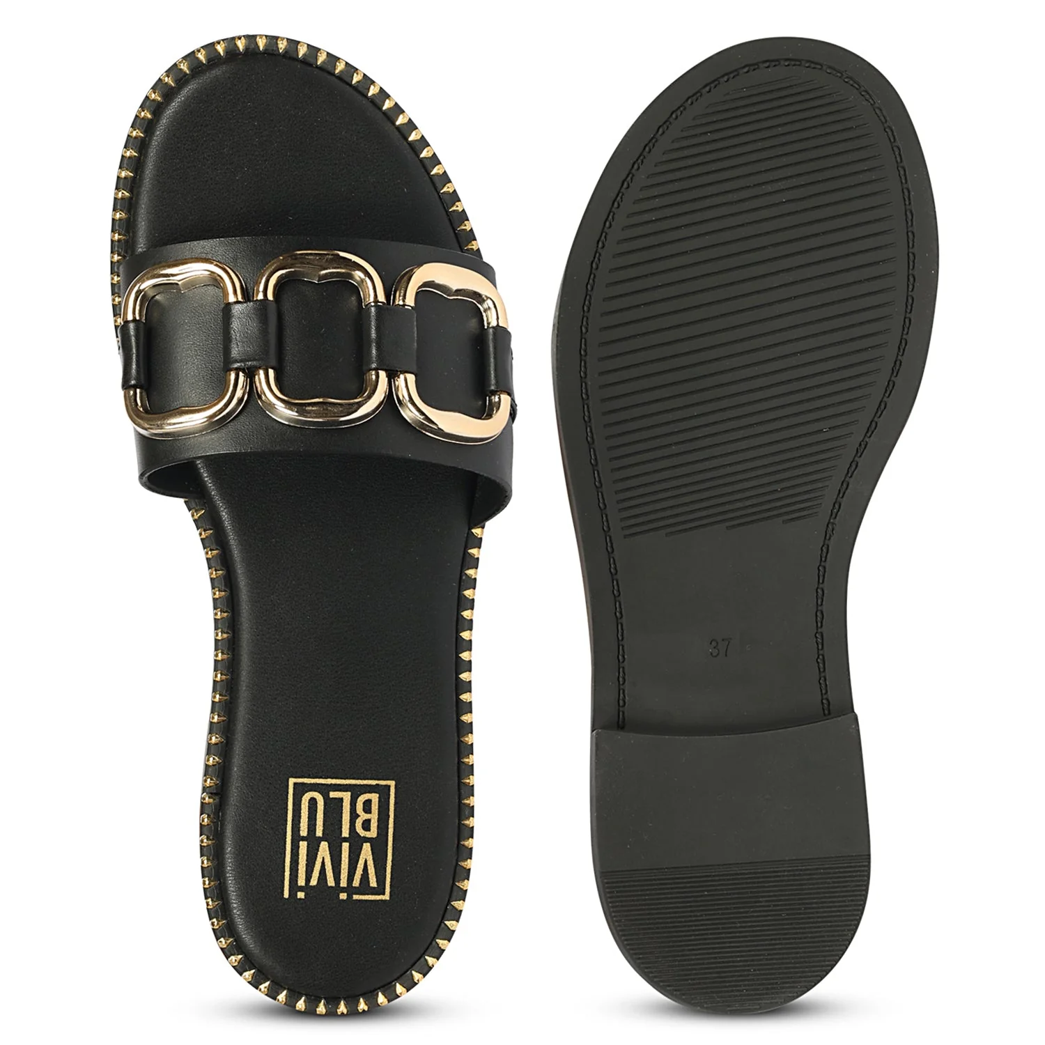 Eileen Black Leather Flat Sandals - Image 6