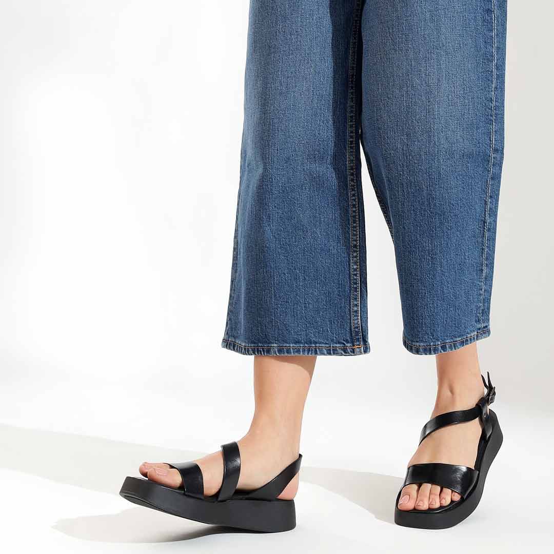 Elara Black Leather Platform Sandals - Image 2