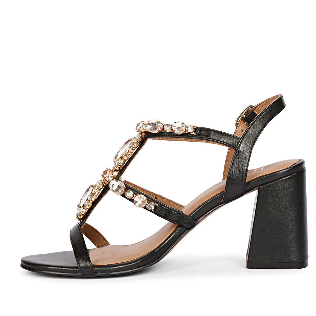 Enriqueta Stone Adorned Black Leather Block Heels - Image 4
