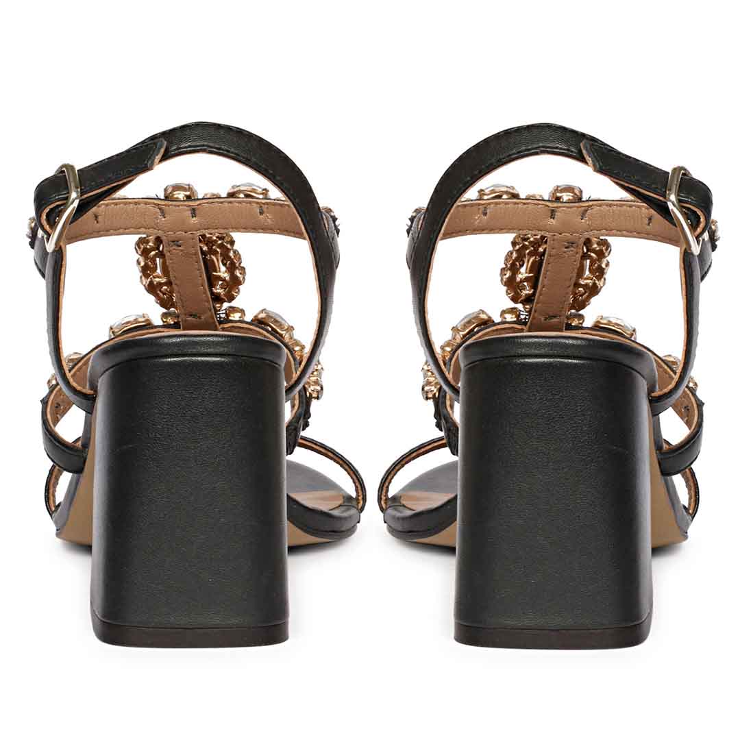 Enriqueta Stone Adorned Black Leather Block Heels - Image 6