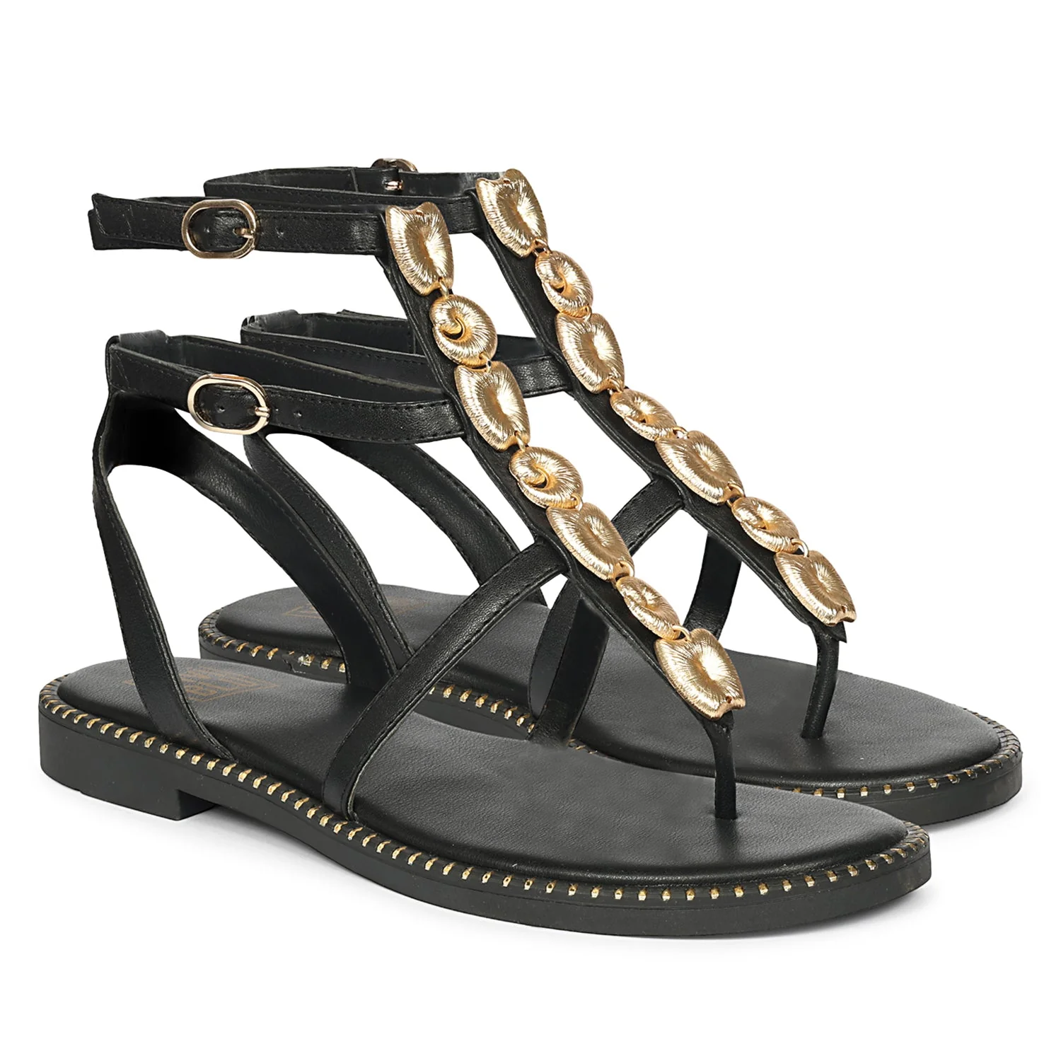 Estelle Black Leather Flat Sandals - Image 2