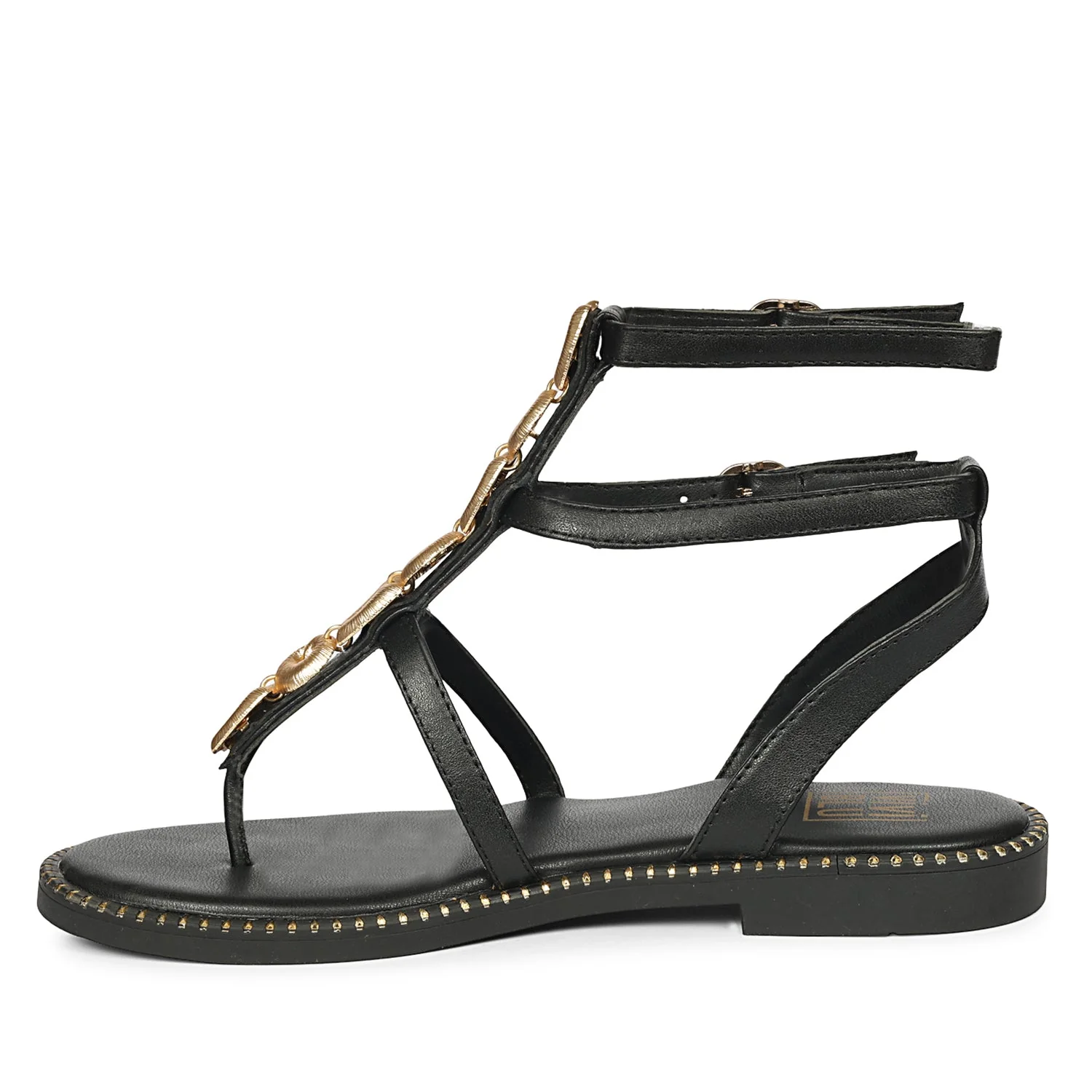 Estelle Black Leather Flat Sandals - Image 3