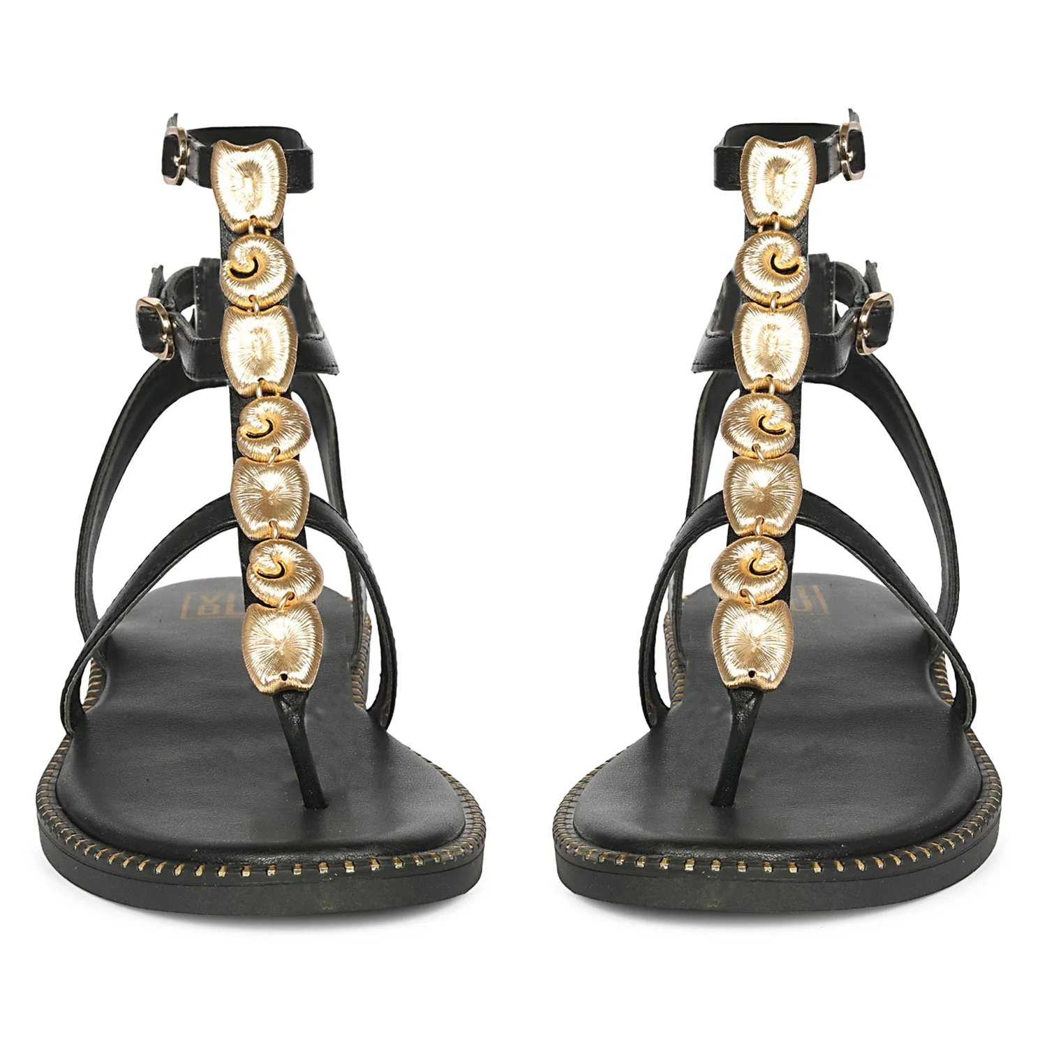 Estelle Black Leather Flat Sandals - Image 4
