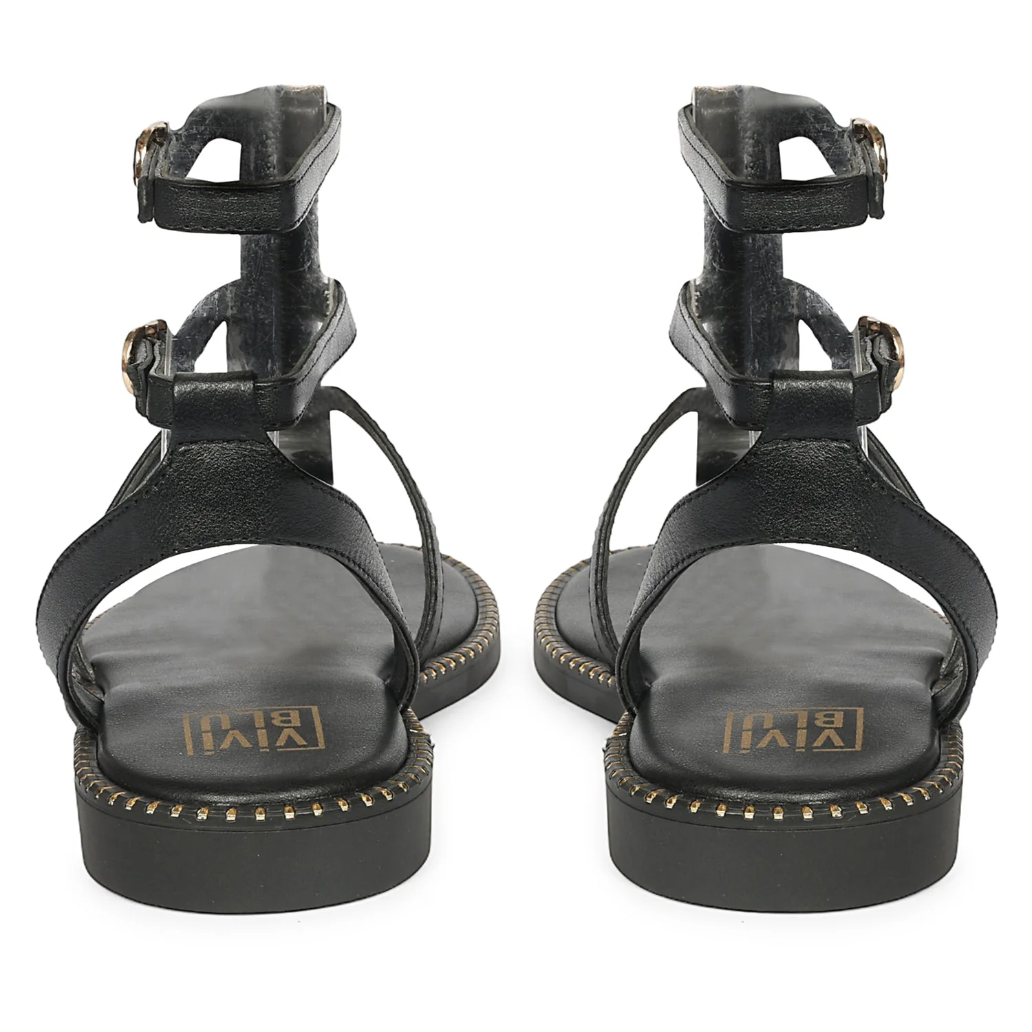 Estelle Black Leather Flat Sandals - Image 5