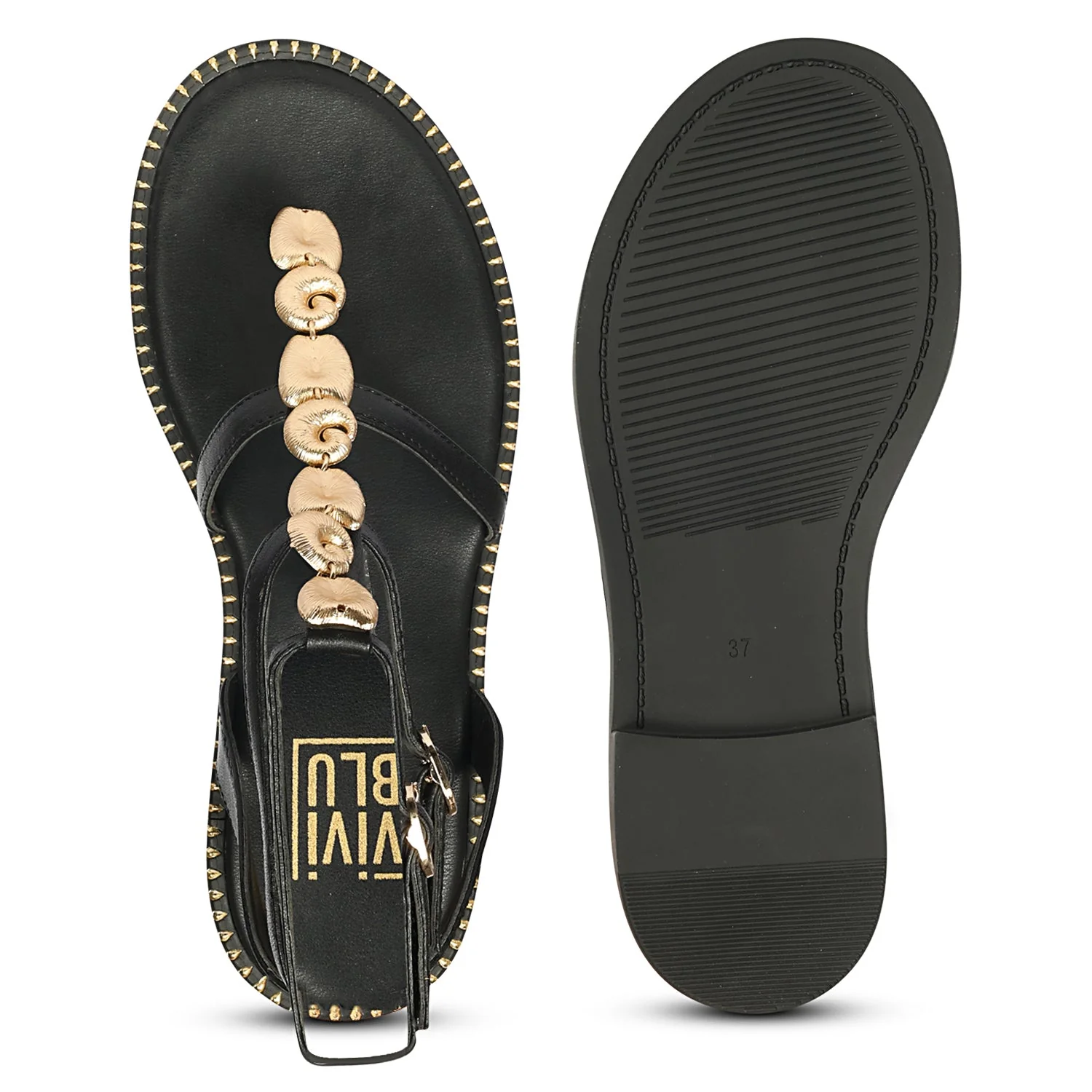 Estelle Black Leather Flat Sandals - Image 6