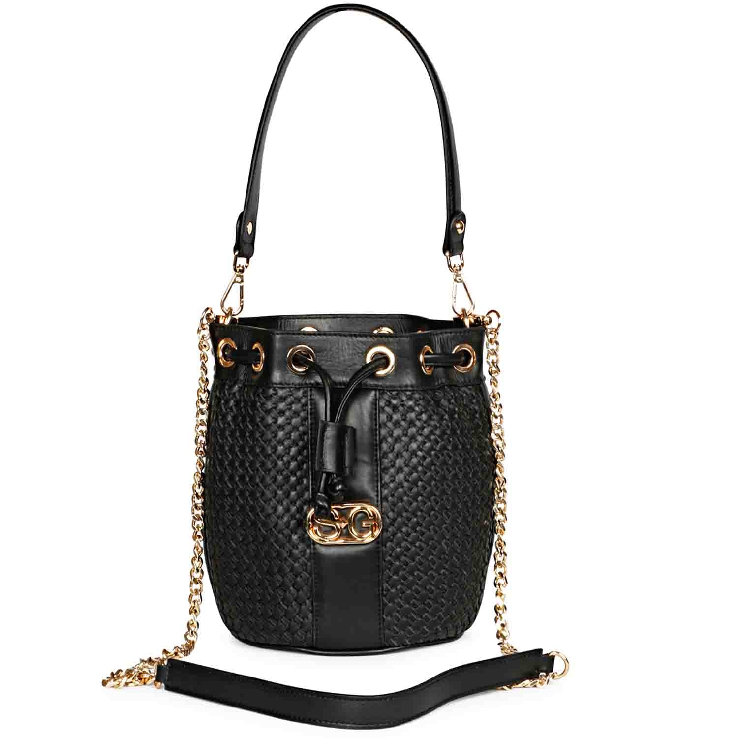 Halsey Black Hand Woven Leather Bucket Bags - Image 2