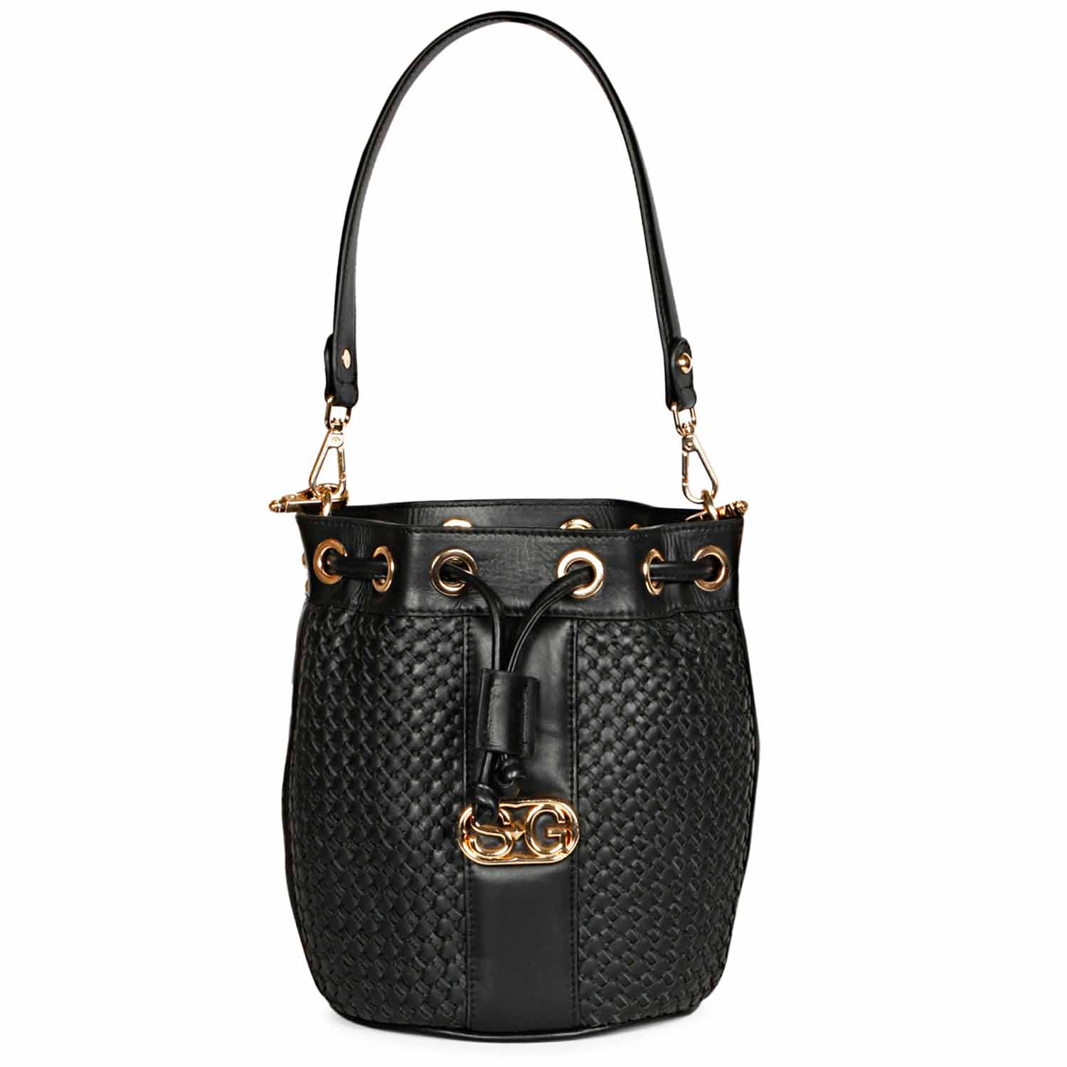 Halsey Black Hand Woven Leather Bucket Bags - Image 3