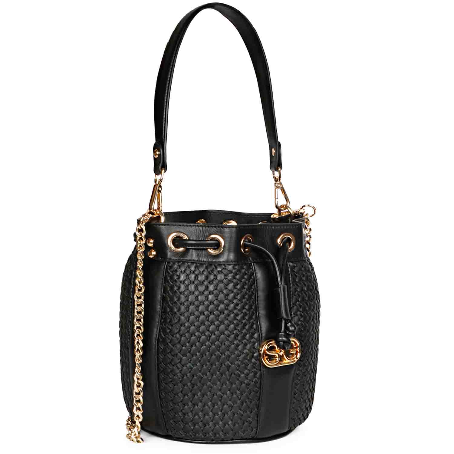 Halsey Black Hand Woven Leather Bucket Bags - Image 4
