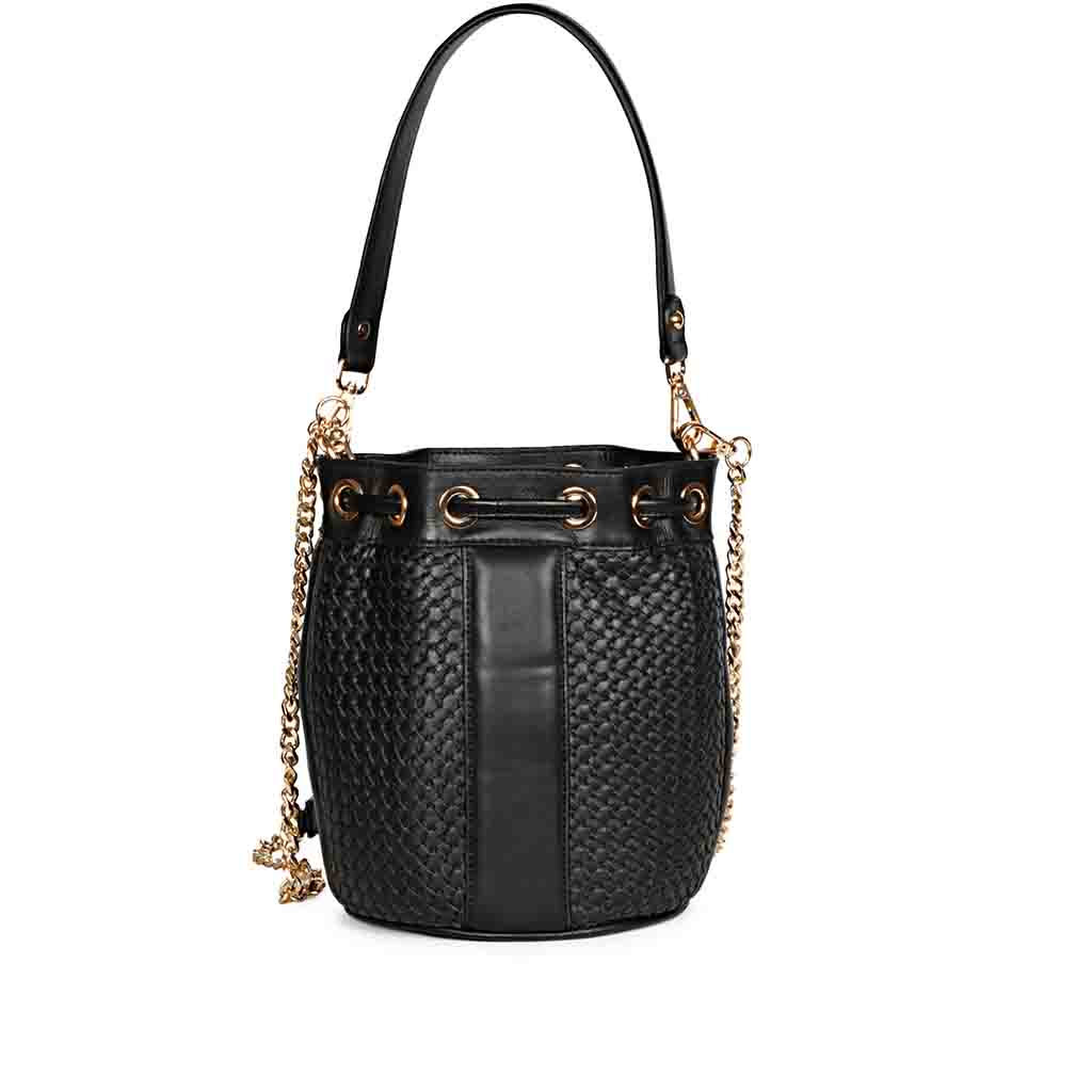 Halsey Black Hand Woven Leather Bucket Bags - Image 5