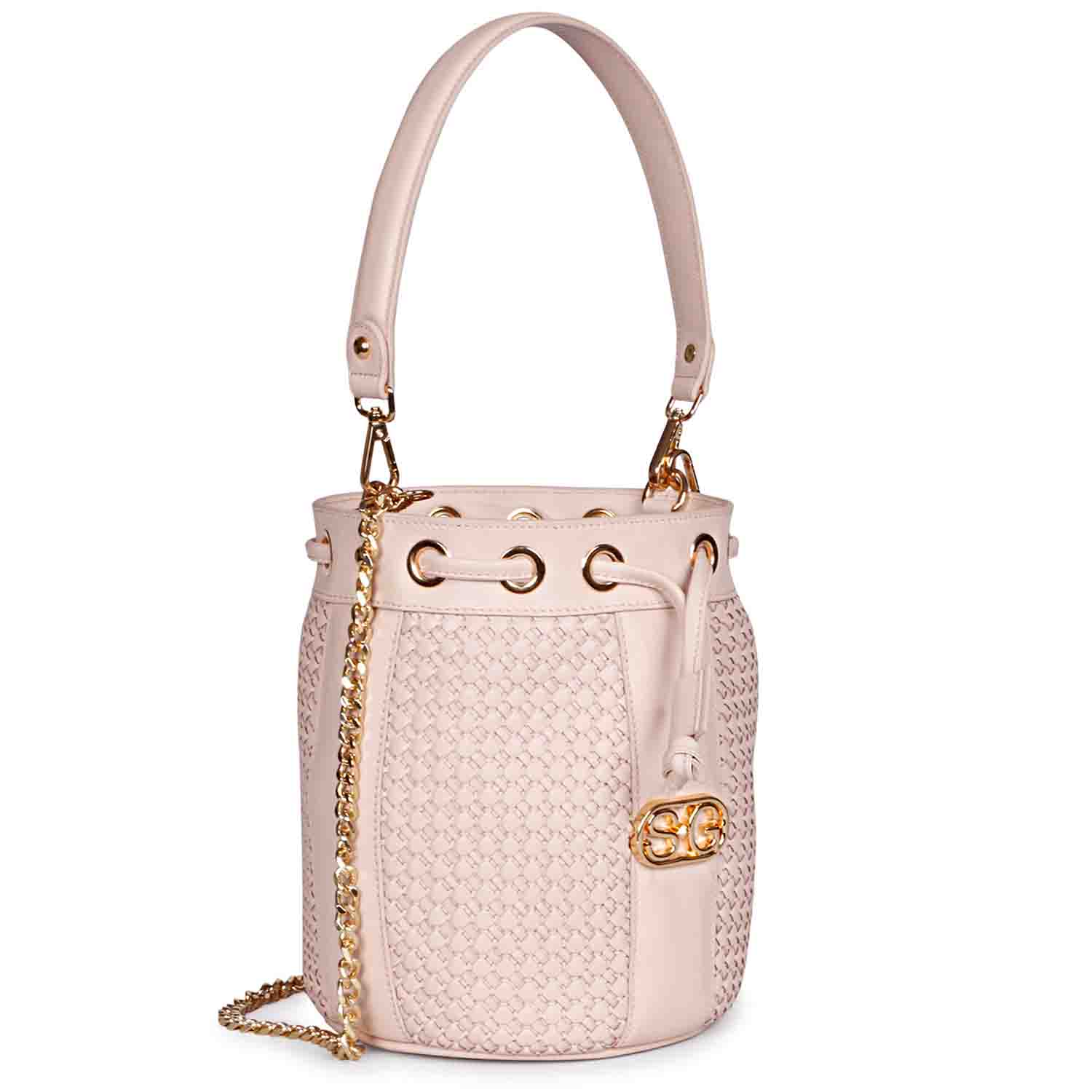 Halsey Pink Blush Hand Woven Leather Bucket Bags - Image 4
