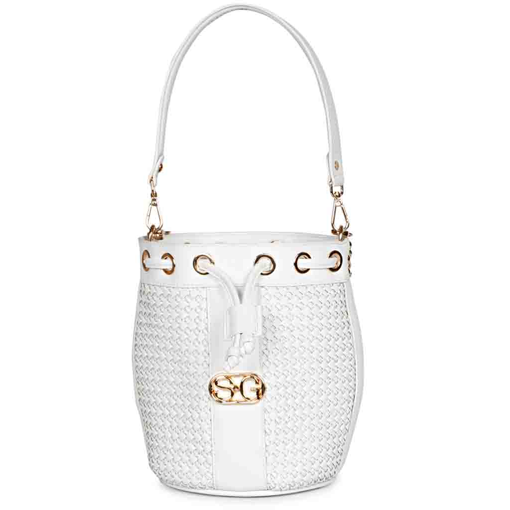Halsey White Hand Woven Leather Bucket Bags - Image 3