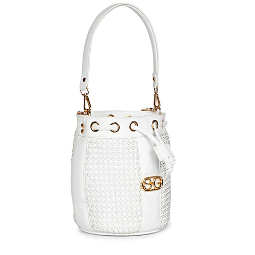 Halsey White Hand Woven Leather Bucket Bags - Image 4