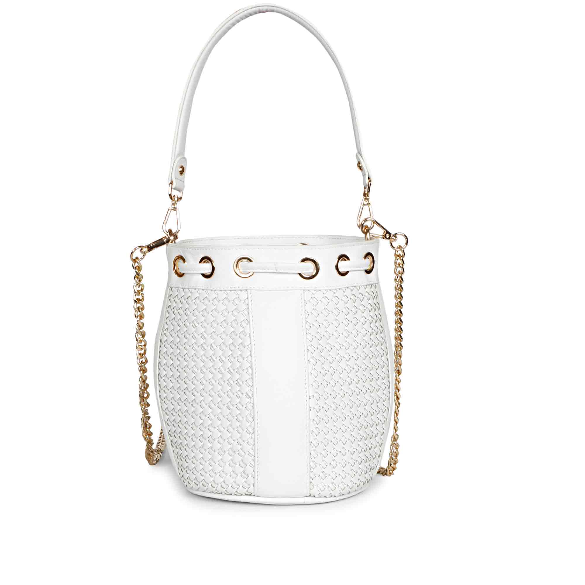 Halsey White Hand Woven Leather Bucket Bags - Image 5