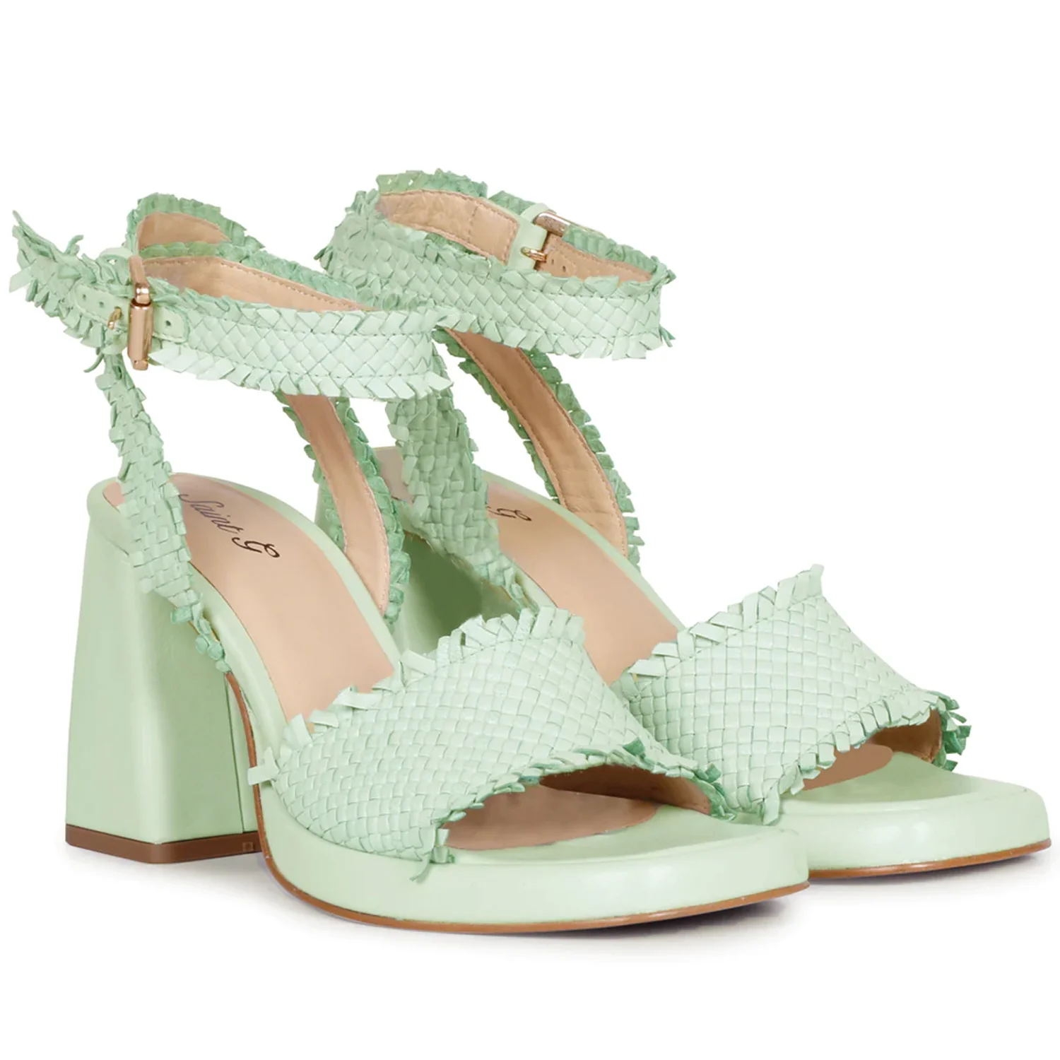 Hannah Aqua Woven Leather Block Heels - Image 3
