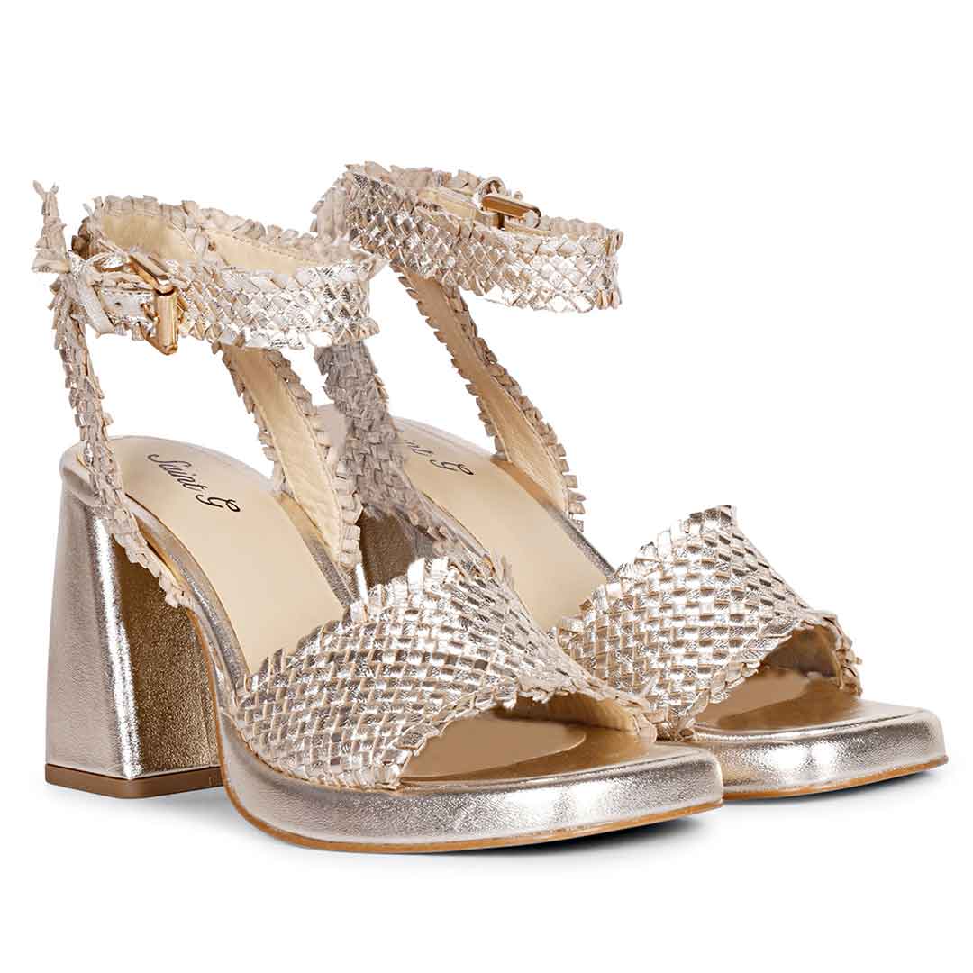 Saint Hannah Metallic Gold Hand Woven Leather Block Heels - Image 3