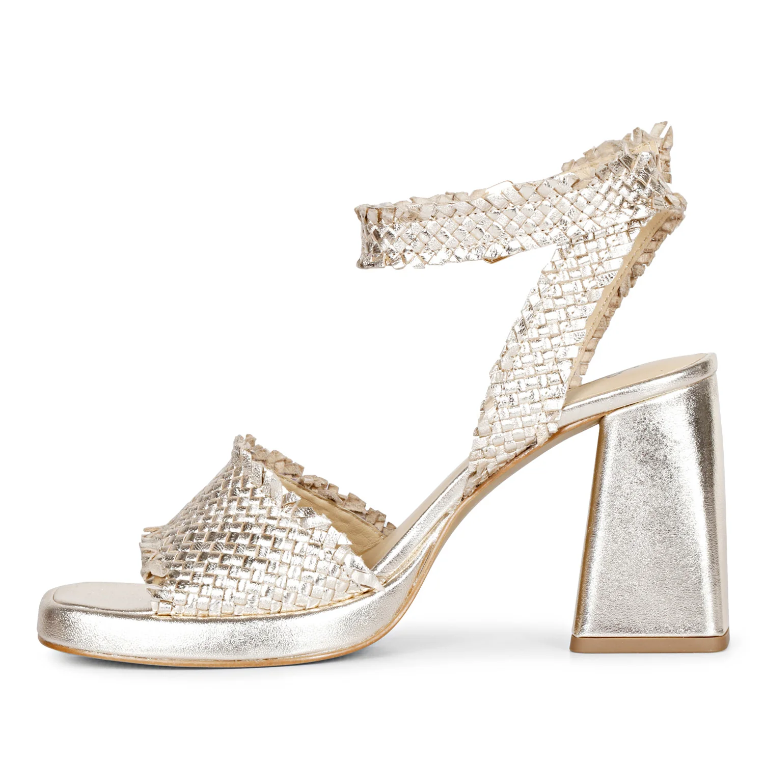 Saint Hannah Metallic Gold Hand Woven Leather Block Heels - Image 4