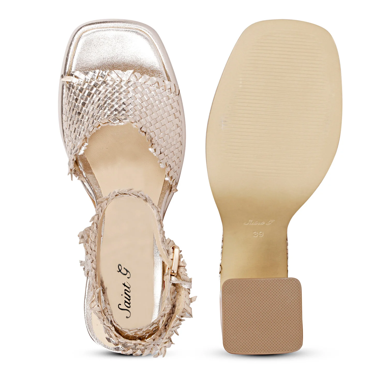 Saint Hannah Metallic Gold Hand Woven Leather Block Heels - Image 7