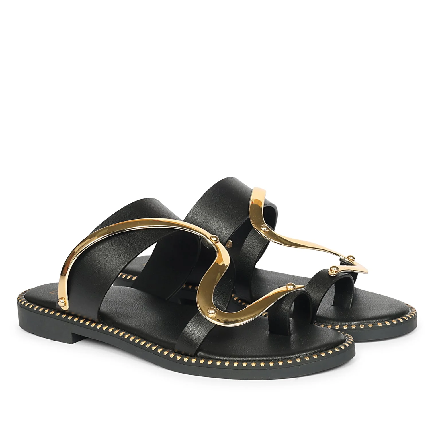 Layla Black Leather Flat Sandals - Image 2