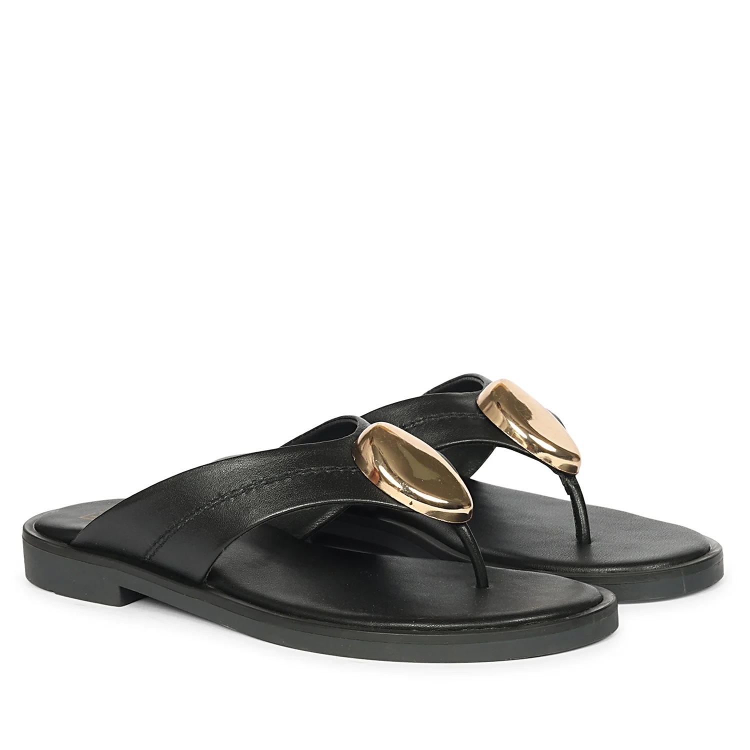Leyla Black Leather Flat Sandals - Image 2