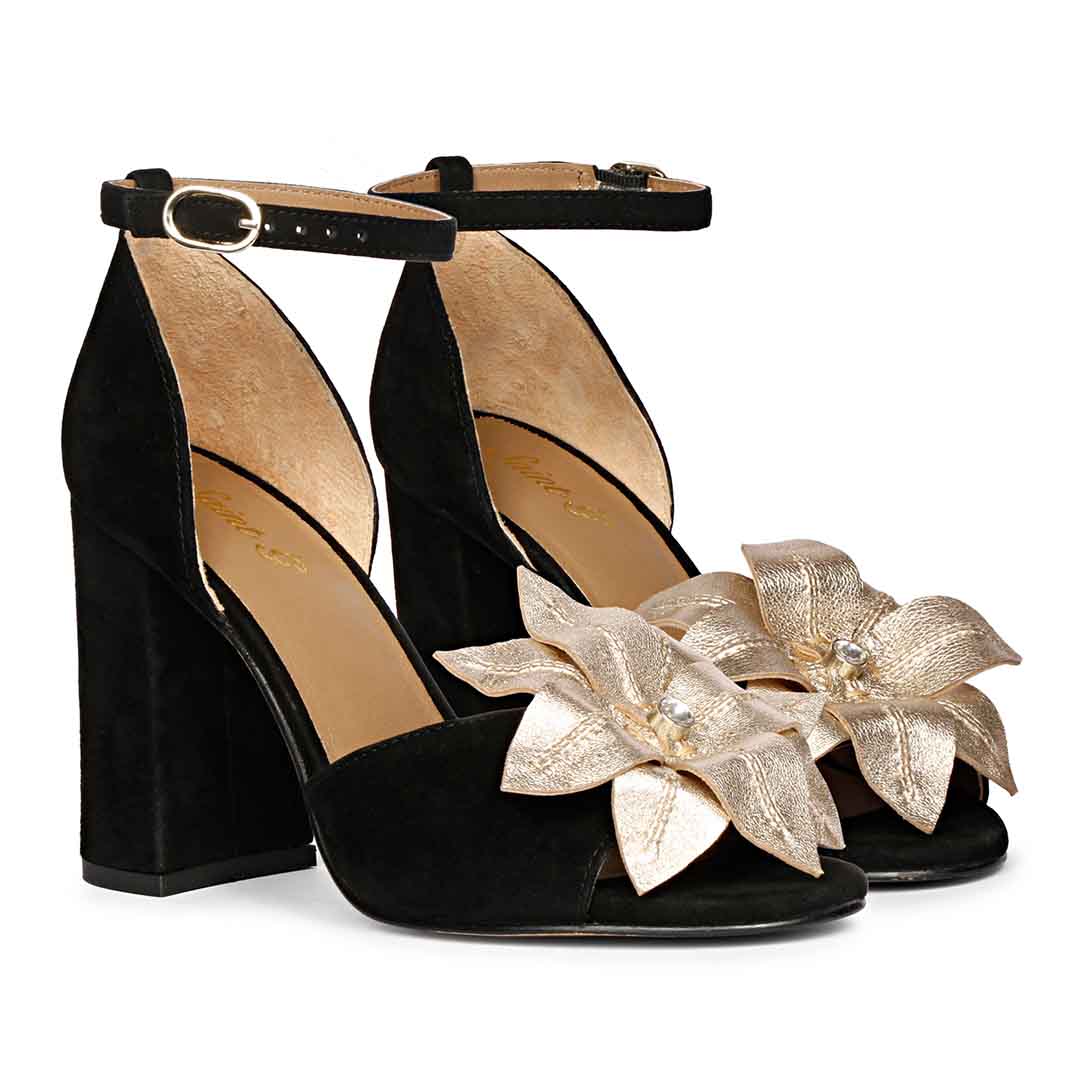Lilly Gold Flower Embellished Black Leather Block Heel - Image 3