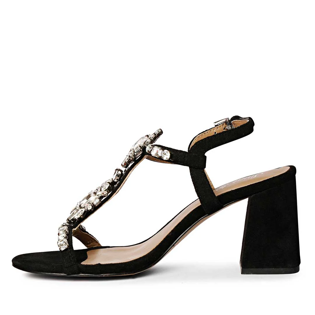 Lucia Transparent Stone Embellished Black Suede Leather Block Heels - Image 4