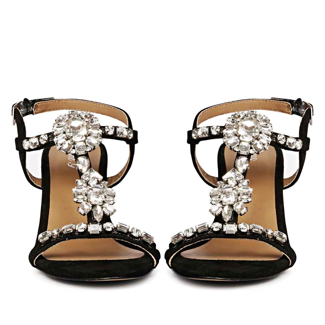 Lucia Transparent Stone Embellished Black Suede Leather Block Heels - Image 5