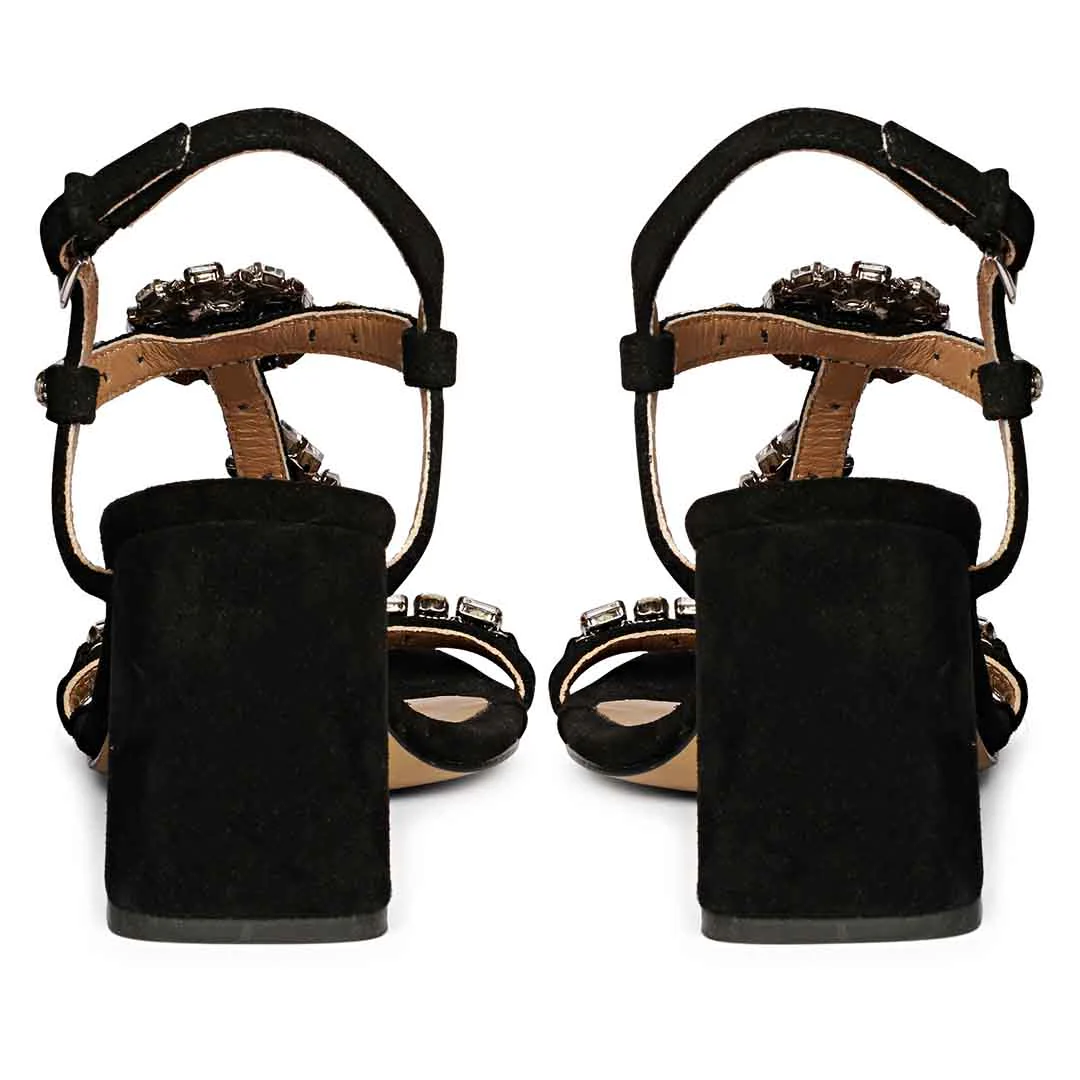 Lucia Transparent Stone Embellished Black Suede Leather Block Heels - Image 6