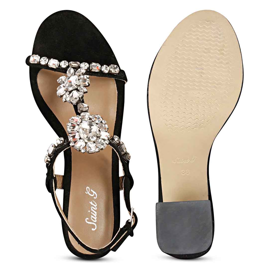 Lucia Transparent Stone Embellished Black Suede Leather Block Heels - Image 7