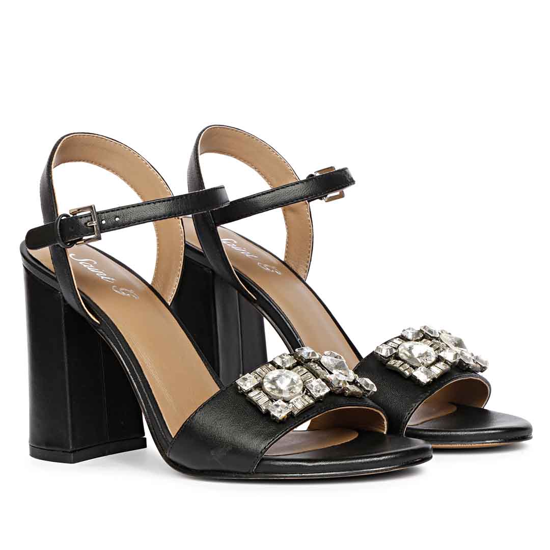 Macy Silver Stone Jewel Black Leather Block Heels - Image 3