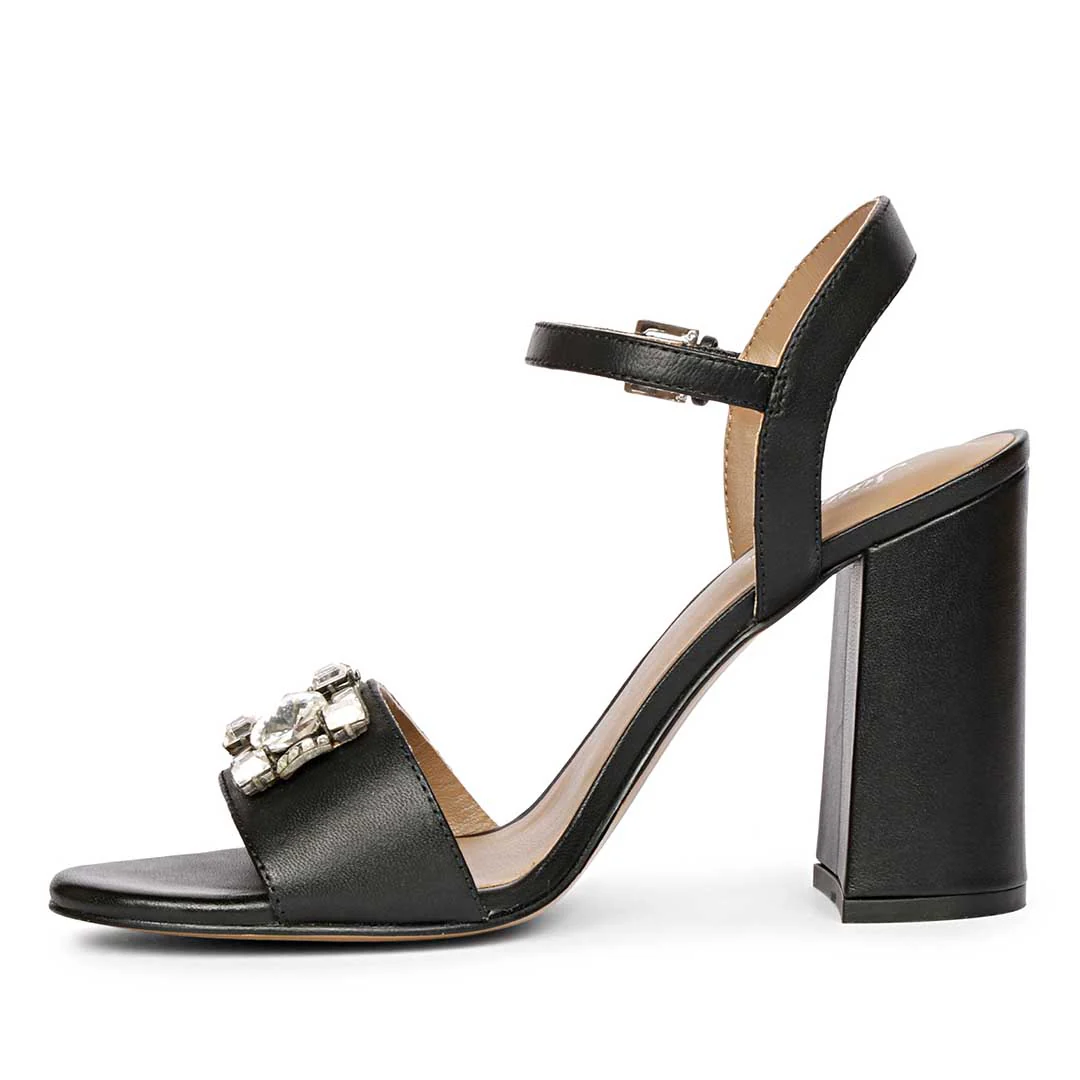 Macy Silver Stone Jewel Black Leather Block Heels - Image 4