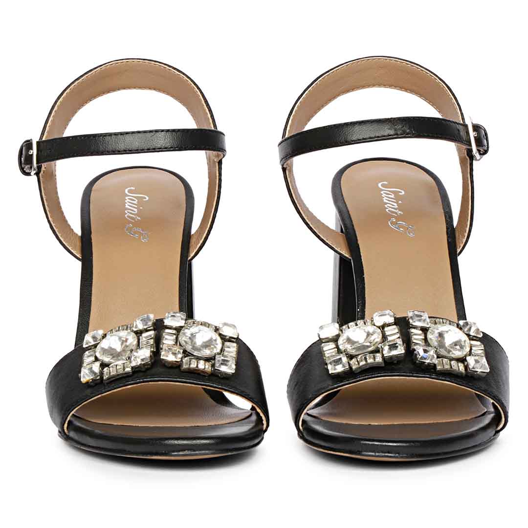 Macy Silver Stone Jewel Black Leather Block Heels - Image 5