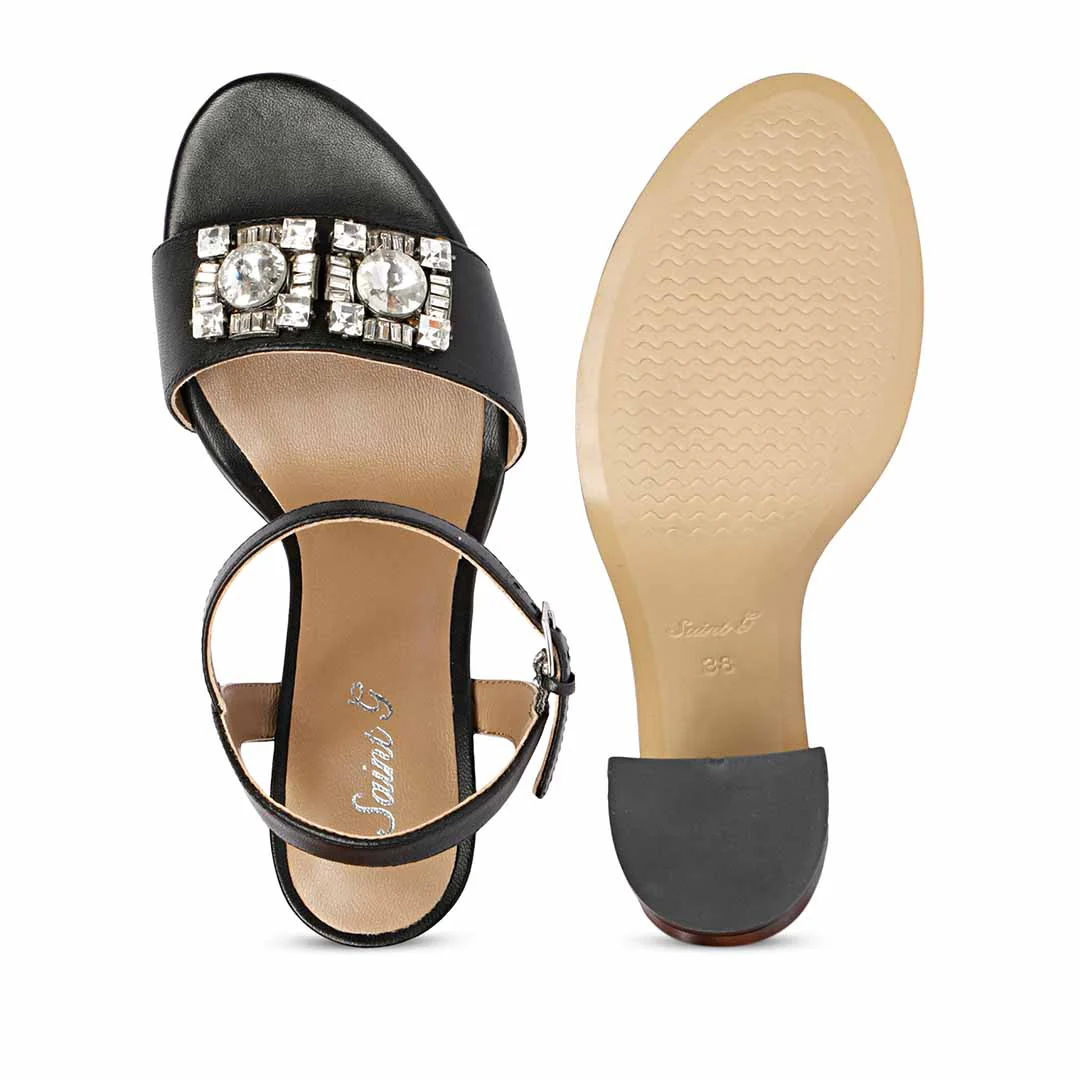 Macy Silver Stone Jewel Black Leather Block Heels - Image 7