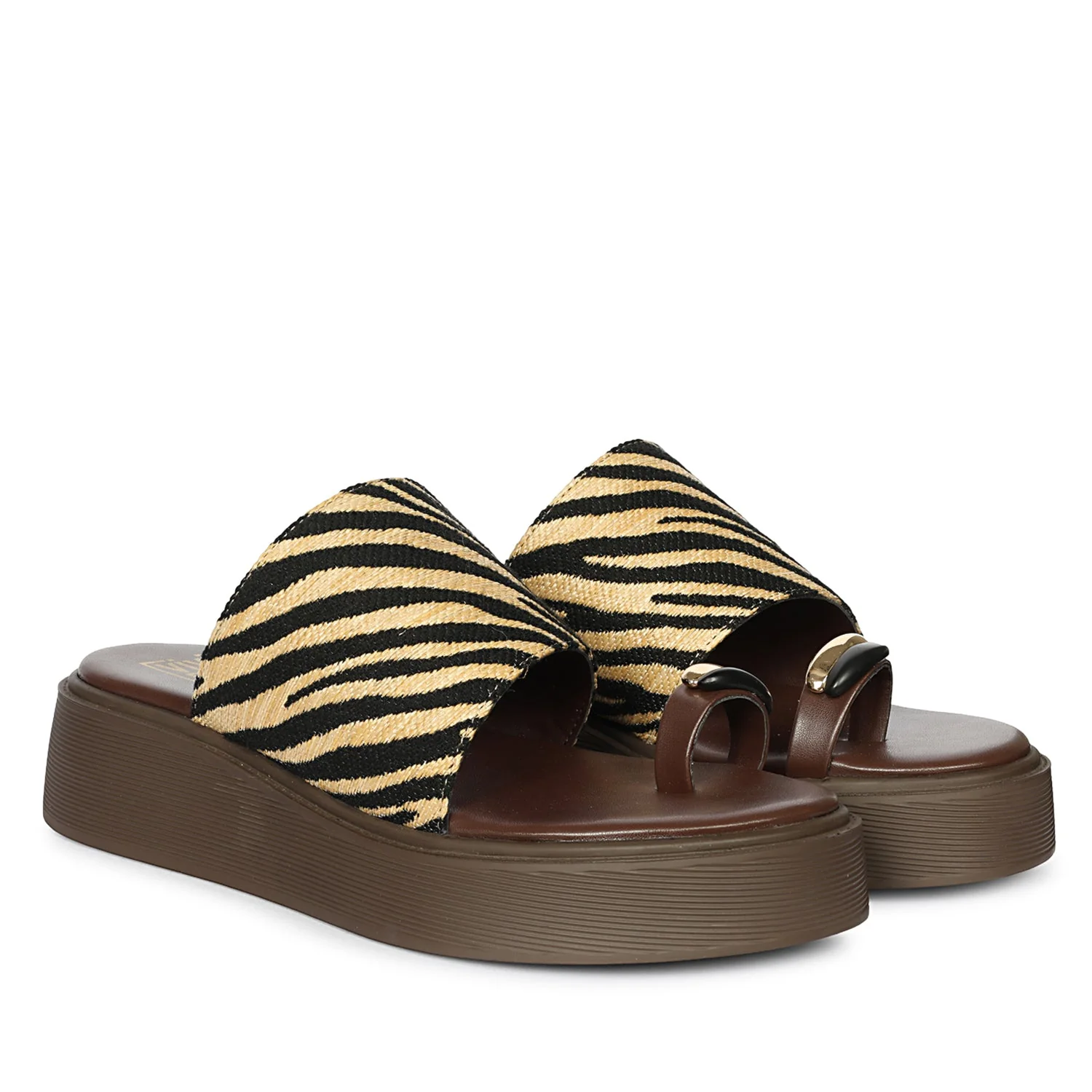 Madelyn Black Beige Zebra Leather Platform Sandals - Image 2